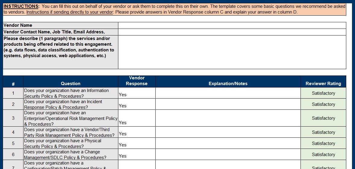 Vendor Questionnaire Template TUTORE ORG Master Of Documents